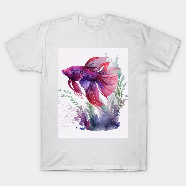 Purple and Red Betta Fish Watercolor T-Shirt by designs4days